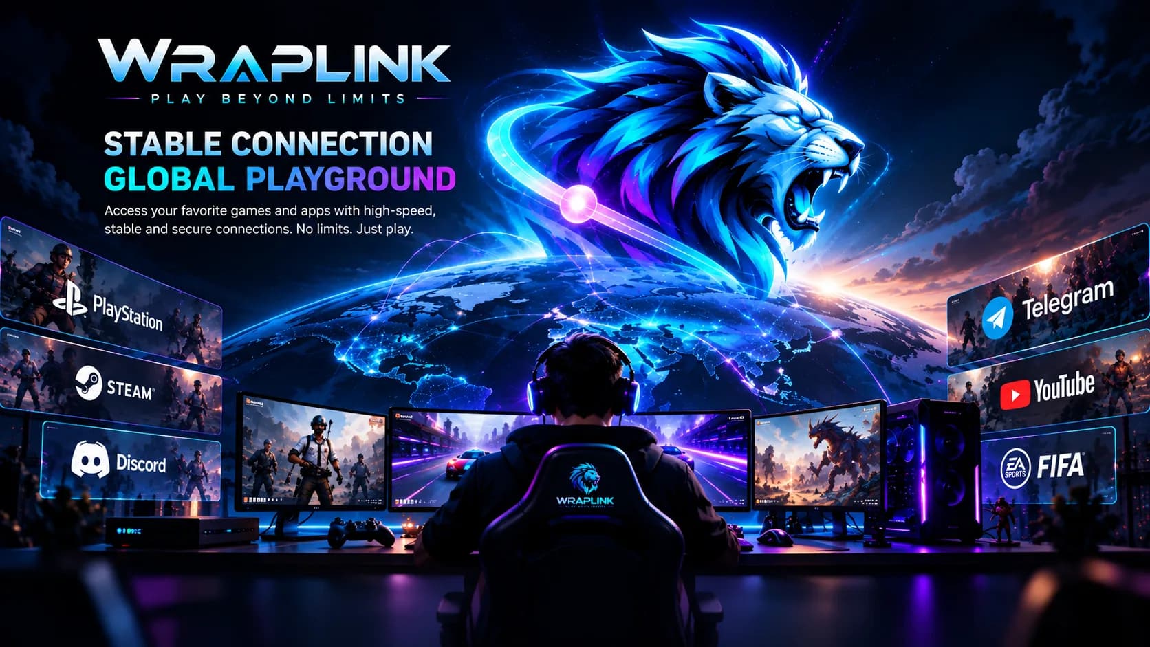 Roaring blue lion above a connected world and gaming workstation